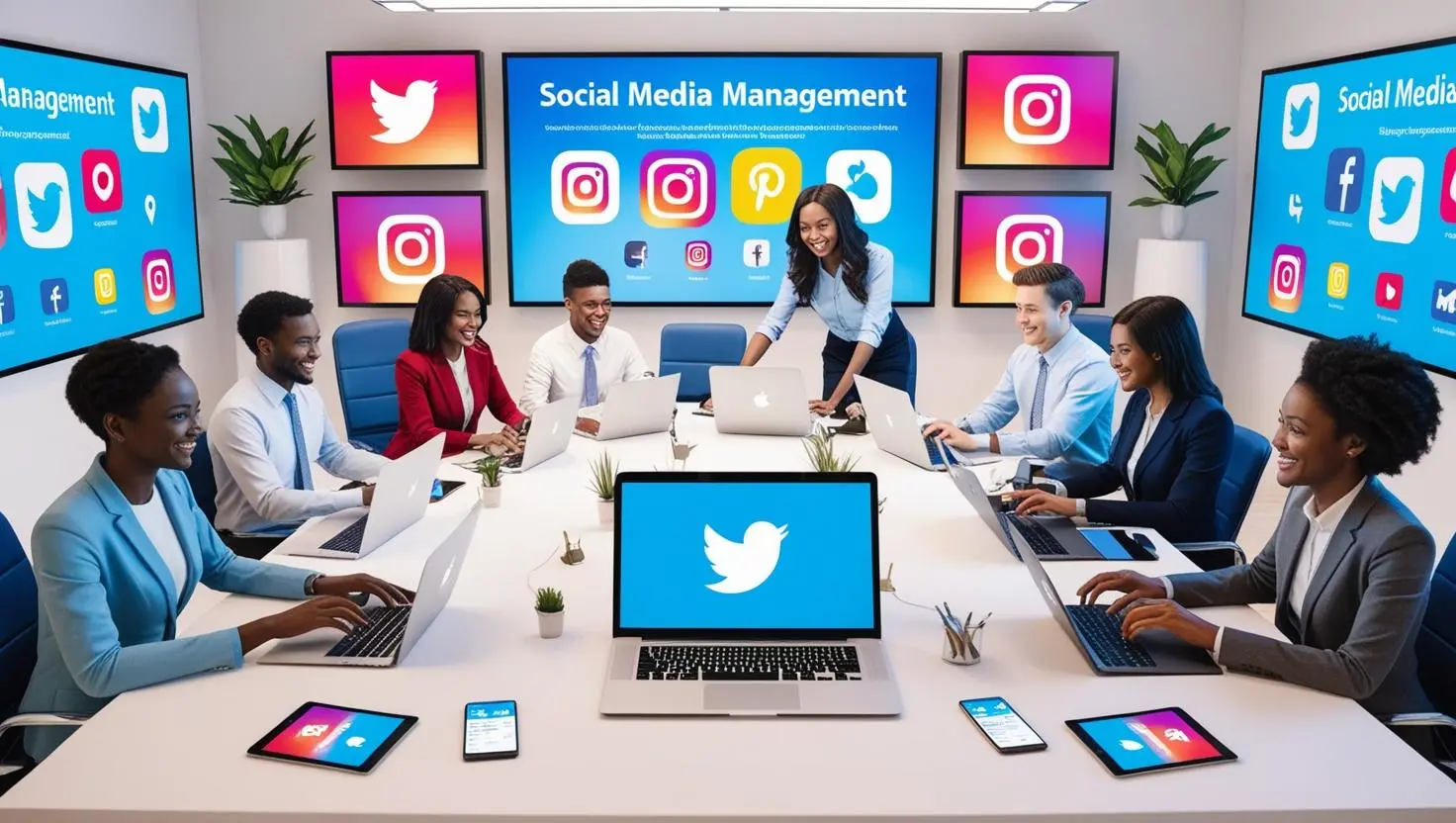a group of people in a room discussing social media